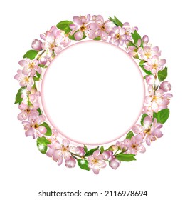 Cherry blossom wreath. Pink Delicate sakura flowers . Spring pink blooming composition with buds and leaves. Festive decorations for wedding, holiday, postcard, poster and design. Vector illustration