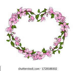 Cherry blossom wreath. Vector isolated illustration with a festive wreath in the form of a heart . Pink cherry blossom wreath on a white background. Card for Mother's Day, Easter, thanksgiving.