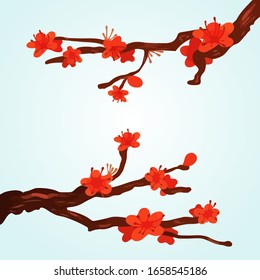 Kirschblüten Sakura blüht auf dem Ast rot. Pflaumenblüte im Frühling.Vektorillustration Hintergrund.