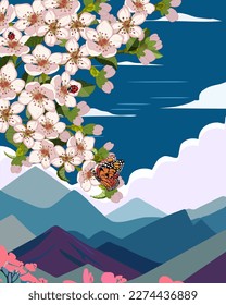 Cherry blossoms against the backdrop of mountains.Vector illustration with mountain landscape and cherry blossoms.