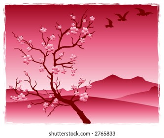 cherry blossoms in asian inspired landscape