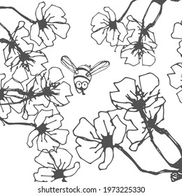 Cherry blossoms. Bee collecting nectar. Illustration in outline style.