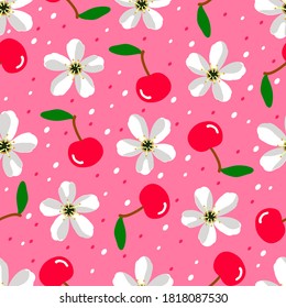 Cherry blossoms and berries on a soft pink background. Vector floral pattern for textiles, family holiday Halloween, background, Wallpaper, wrapping paper, fabric.