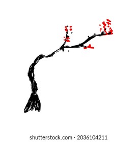 Cherry blossoms in bloom isolated on white background. Black wood and red flowers drawn with a marker pen. Spring or autumn wallpaper design vector.