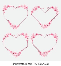 borde de flores de cerezo, flor de marco de plantilla, forma de corazón, ilustración de vector sakura