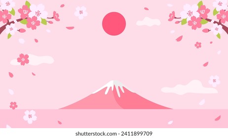 Rama de flores de cerezo con ilustración vectorial de fondo de Mountain Fuji. Temporada de primavera en Japón 