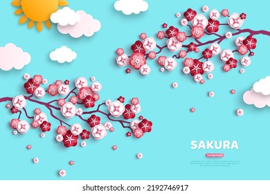 Cherry blossoms branch, spring flower paper cut, blue sky background with papercut clouds. Vector illustration. Japanese sakura garden, apricot plum pink petals falling. Place for text.