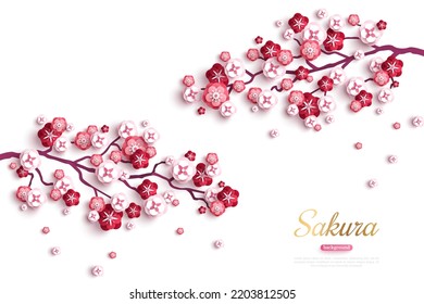 Cherry blossoms branch, spring flower paper cut isolated on white background. Vector illustration. Japanese sakura garden, apricot plum pink petals falling. Place for text.