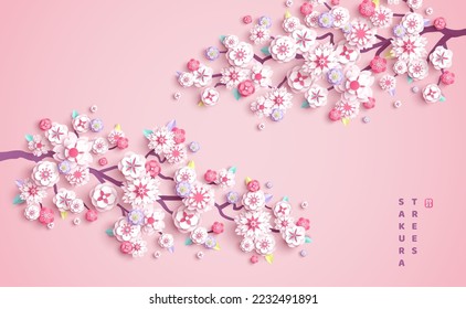 Cherry blossoms branch, spring flower paper cut, pink background. Vector illustration. Japanese sakura garden, apricot plum petals. Place for text. Asian cover, Korean wedding card beautiful