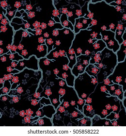 Cherry blossoms with the branches pattern on a black background. Vector.