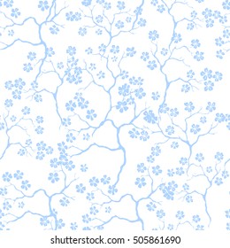 Cherry blossoms with the branches pattern on a light background. Vector.