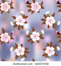 Cherry blossoms and buds on an abstract mosaic colored background, Sakura seamless floral texture, vector