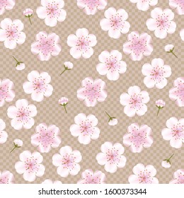Cherry blossoms and buds on a checkered background, seamless floral texture, vector