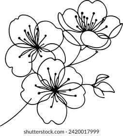 Cherry blossoms in Continuous Line Art Style. Continuous line drawing, abstract and minimalist lineart design. Vector illustration.