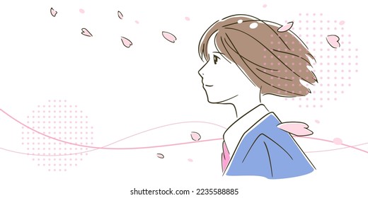 Cherry blossoms with dancing petals and profile of high school girls, graduation ceremony, entrance ceremony. Vector illustration material