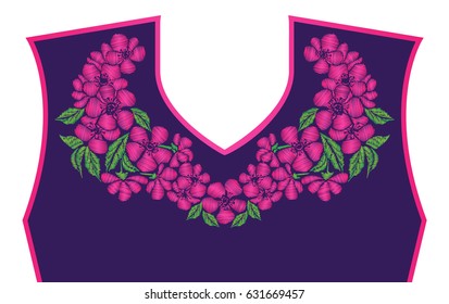 Cherry blossoms embroidery design placed on dress collar. Japanese style needlework in satin stitch for neckline decoration. Pink flowers and green leaves vector illustration