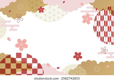 Cherry blossoms falling in spring Japanese frame_vector illustration