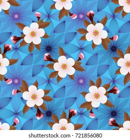 Cherry blossoms floral pattern on abstract geometric blue background consisting of blue and violet flowers. Sakura flowers seamless texture. Vector