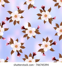 Cherry blossoms floral pattern on a light blue abstract background. Sakura flowers seamless texture. Vector