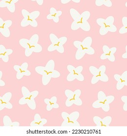 Cherry blossoms floral seamless pattern. Cute neutral spring wildflower blooming petals on delicate pink background. Gentle elegant romantic abstract flower print for fabric or wrapping paper.