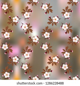 Cherry blossoms in the form of a garden lattice on a color abstract background, seamless pattern, vector