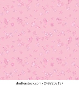 Cherry blossoms and fruits seamless vector pattern. Pink girly textured surface print design for fabrics, stationery, scrapbooking, gift wrap, home decor, and packaging.
