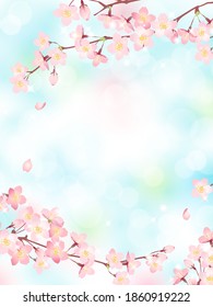 Flores de cerezo en plena floración contra un cielo azul , Marco de ilustración vectorial , Posición vertical