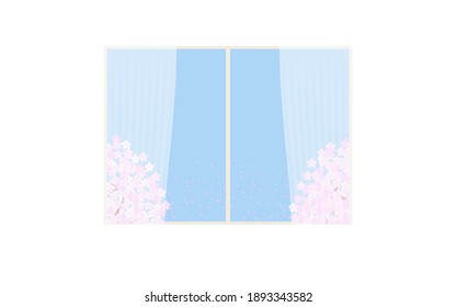 Cherry blossoms in full bloom seen through the window