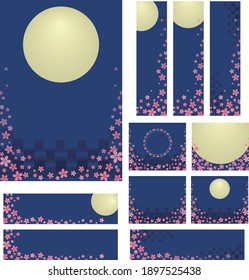 Cherry blossoms and full moon illustration set