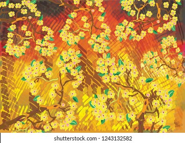 Cherry blossoms. In gold