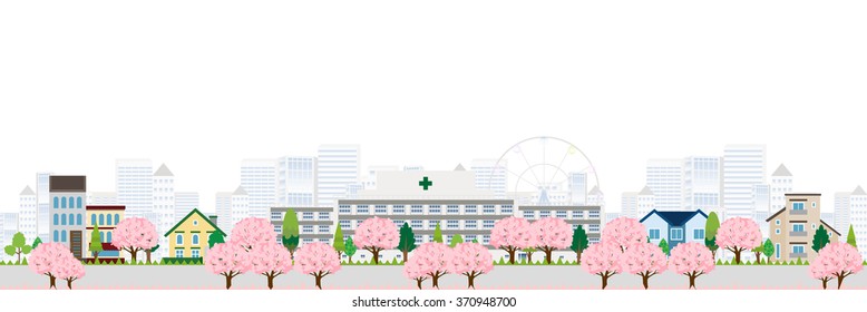 Cherry blossoms and Hospital spring background