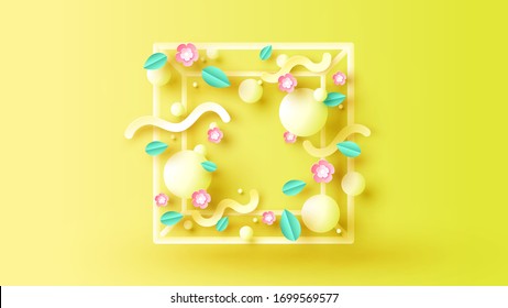 Cherry blossoms and leaves floating around inside square frame with blank space. Cherry blossoms in spring. Graphic design for spring. Paper cut and craft style. vector, illustration.