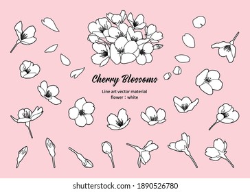 Cherry blossoms, line drawing illustration. Material, design parts. Various angles (black and white, line drawing, flower: painted white)