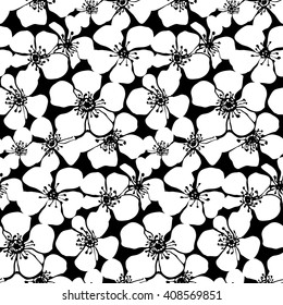 Cherry blossoms monochrome seamless pattern. Vector illustration