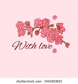 Kirsche blüht auf einem Ast. Vektorgrafik. Bildberührung. Stock-Vektorgrafik. Sakura. Rosa Blumen. Postkarte. Mit Liebe. rosafarbener Hintergrund.