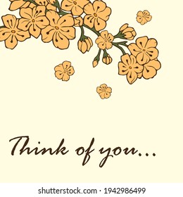 Cherry blossoms on a branch. Vector illustration. Contour image. Stock vector. Sakura. Yellow flowers. Postcard. Think of you. Yellow background.