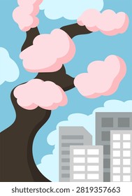Cherry Blossoms Over City Buildings