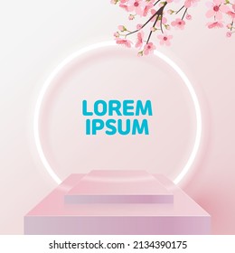 Cherry blossoms, pink background, and the stage in front of the neon sign