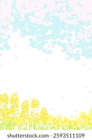 Cherry blossoms and rapeseed fields: Japanese spring landscape illustration
