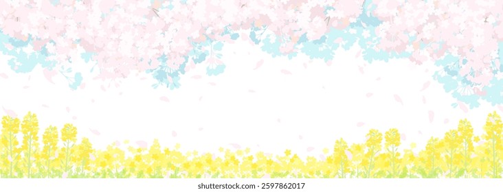 Cherry blossoms and rapeseed fields: Japanese spring landscape illustration