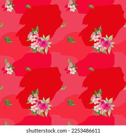 Cherry blossoms, red background and pink flowers, seamless for textile or paper. For printing,