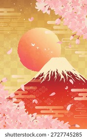 Flores de cerejeira e Monte Fuji vermelho ao nascer do sol