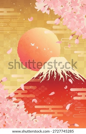 Cherry blossoms and Red Mt. Fuji at sunrise
