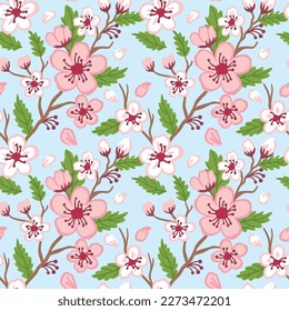 Kirschblüten. Sakura Zweig auf blauem Hintergrund. Frühling. Nahtloses Muster. Vektorgrafik.