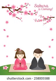 Cherry Blossoms or Sakura flowers with Japanese Couple