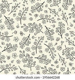 Cherry blossoms seamless pattern. Spring bloom design. Sakura blooms endless design. Japanese motif. Asian minimal design. Cottagecore theme background. Textile fabric or packaging paper print.