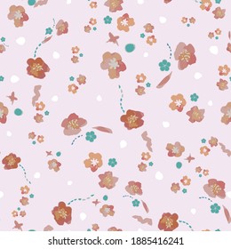 Cherry blossoms seamless vector pattern. Spring season floral surface print design for girly fabrics, romantic stationery, scrapbook paper, gift wrap, home decor, backgrounds, textiles, and packaging.