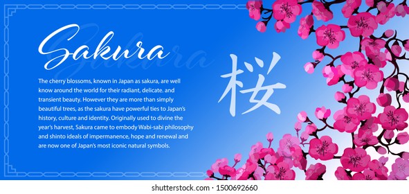 Cherry blossoms, spring flower garden. Japanese sakura flowers Hanami. Vector illustration, card concept, text template.