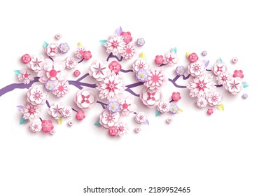 Flor de flores de primavera en flores de cerezo cortada en fondo blanco. Ilustración vectorial. Jardín sakura japonés, estilo papeleo de ramas de ciruela de albaricoque. elemento de diseño de tarjeta de boda coreana