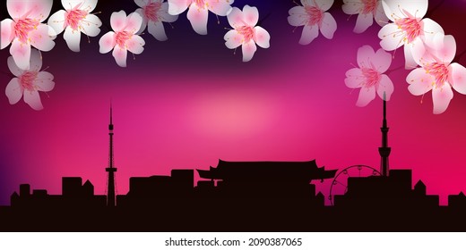 Cherry blossoms Tokyo night sky background 